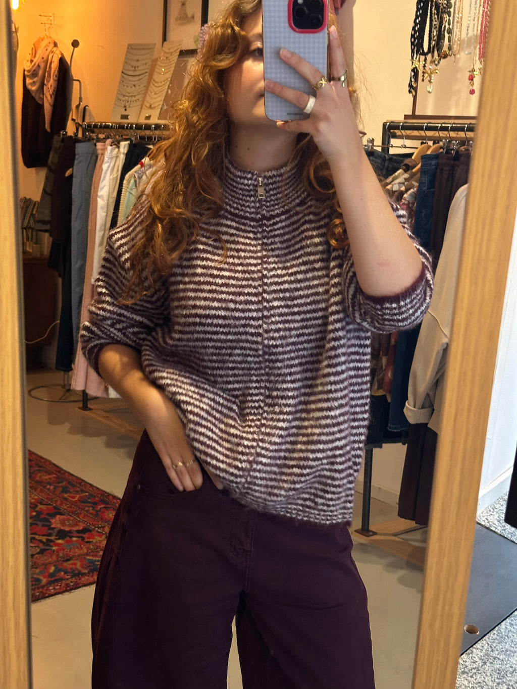 Rood streep vest rits